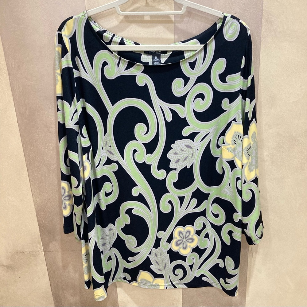 Style & Co. Black Top with Lime Green and Pale Yellow Swirl Print